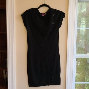 Black Cap Sleeve Sweater Dress with Button Accents
